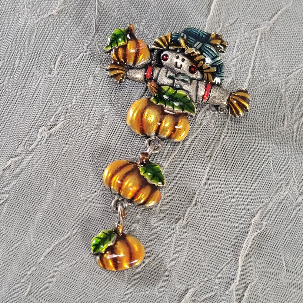 AJMC Halloween Scarecrow Pumpkin Brooch Orange Silver Enamel Dangle Fall Pin